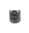 Grosse chevalière Navajo "Thunderbird" en Argent et "Kingman" Turquoise, pièce unique par Daryl Cadman, pour homme ou femme