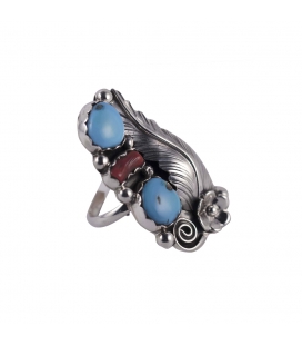 Bague Navajo Plume en Argent et Turquoise et Corail, pièce unique par Tom Lewis, homme ou femme