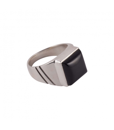 CHEVALIERE EN ARGENT ET ONYX OVALE, COLLECTION INDE, HOMME FEMME