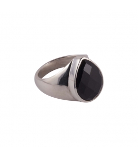 CHEVALIERE EN ARGENT ET ONYX GOUTTE FACETÉ, COLLECTION INDE, HOMME FEMME