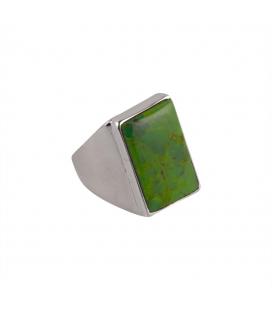 Bague Indienne, Turquoise "Green Copper" rectangle montée sur Argent brodé, pour femme 