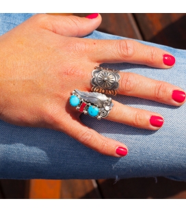 Bague Navajo Plume en Argent et Turquoise et Corail, pièce unique par Tom Lewis, homme ou femme