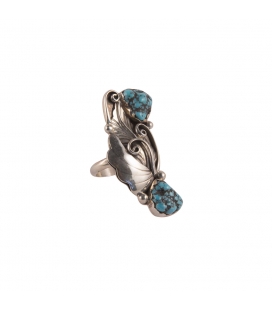 Bague Navajo Plume en Argent et 2 Turquoises, pièce unique par M. et K. Martinez, homme ou femme