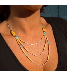 "Liquid Silver" 3 rows necklace. Turquoise and Bamboo, for women and girls.