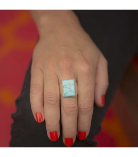 Bague Zuni rectangle, Argent et marqueterie de Turquoise, pour homme ou femme