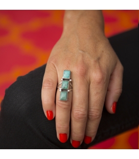 BAGUE NAVAJO RECTANGLE, ARGENT ET 3 TURQUOISE KINGMAN, PIÈCE UNIQUE PAR W.TSOSIE, POUR FEMME