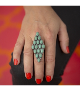 GROSSE BAGUE NAVAJO LOSANGE, PAR GLORIA BEGAY, ARGENT ET TURQUOISE KINGMAN, POUR FEMME