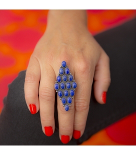 GROSSE BAGUE NAVAJO LOSANGE, PAR GLORIA BEGAY, ARGENT ET LPIS LAZULI, POUR FEMME