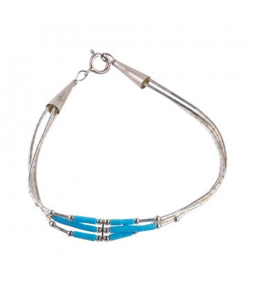 NATIVE AMERICAN NAVAJO BRACELET "LIQUID SILVER" ROWS, SILVER AND TURQUOISE, WOMEN AND CHILDREN