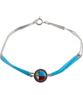 BRACELET AMERINDIEN NAVAJO "LIQUID SILVER" 2 RANG, MEDAILLON ZUNI en argent et tubes de turquoise, pour FEMME ET ENFANT 