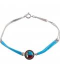 BRACELET AMERINDIEN NAVAJO "LIQUID SILVER" 2 RANG, MEDAILLON ZUNI en argent et tubes de turquoise, pour FEMME ET ENFANT 