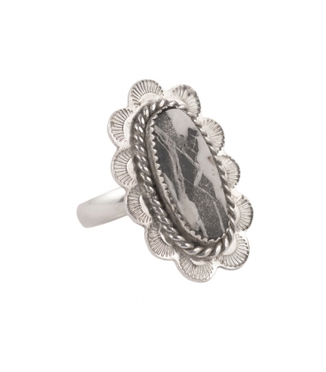 Bague Banditas Créations, en Argent estampé et Turquoise "White Buffalo", fait main, pour femme