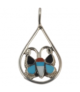 PENDENTIF AMERINDIEN ZUNI PAPILLON, ARGENT ET PIERRES, FEMME ET ENFANT