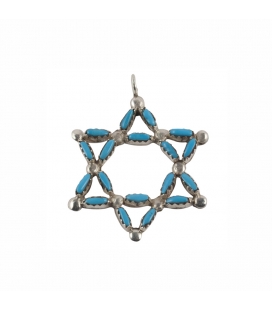 PENDENTIF AMERINDIEN ZUNI "ETOILE", ARGENT ET TURQUOISE, FEMME ET ENFANT