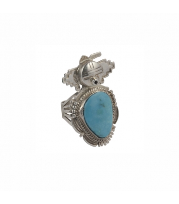 NAVAJO TOTEM RING, SILVER AND GREEN TURQUOISE, ARTIST BENNIE RATION, FOR WOMEN AND MEN 
