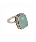 BAGUE EN ARGENT TRAVAILLÉ ET CALCEDOINE RECTANGLE, COLLECTION INDE, POUR FEMME 