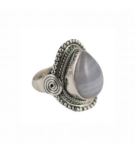 BAGUE EN ARGENT TRAVAILLÉ ET AGATE "BLUE LACE" ,COLLECTION INDE, POUR FEMME 