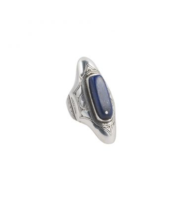 LONGUE BAGUE TOUAREG EN ARGENT GRAVE ET LAPIS LAZULI, COLLECTION AFRIQUE, POUR FEMME