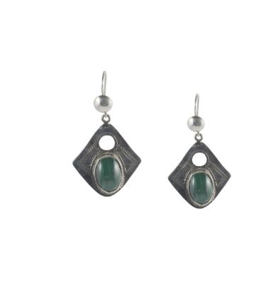 BOUCLES D'OREILLES TOUAREGS EN ARGENT ET MALACHITE, COLLECTION AFRIQUE, POUR FEMME