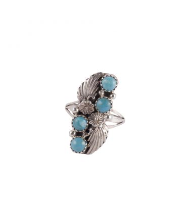 Bague Navajo, feuiles en Argent et 4 Turquoise, pour femme