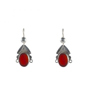 BOUCLES D'OREILLES TOUAREGS TETE DE DEESSE DU DESERT EN ARGENT ET AGATE, POUR FEMME