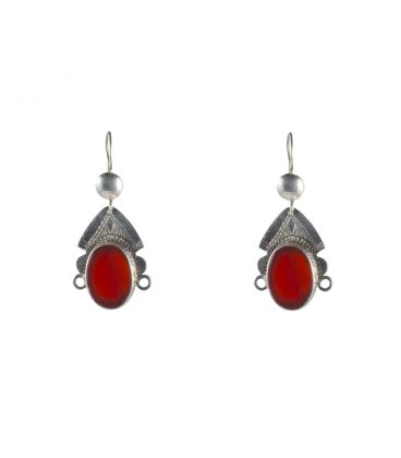 BOUCLES D'OREILLES TOUAREGS TETE DE DEESSE DU DESERT EN ARGENT ET AGATE, POUR FEMME