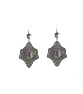 LONGUES BOUCLES D'OREILLES TOUAREGS EN ARGENT ET AMETHYSTE, COLLECTION AFRIQUE, POUR FEMME