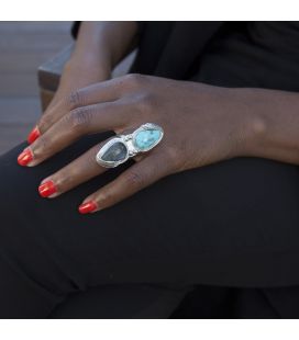 Bague "Dos à Dos" Banditas Créations, "Nacozari" Turquoise et Labradorite, montées sur Argent, pièce unique, pour femme