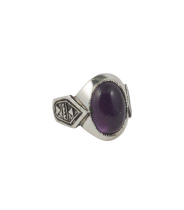 CHEVALIÈRE TOUAREG EN ARGENT GRAVE ET AMETHYSTE, COLLECTION AFRIQUE, POUR HOMME ET FEMME