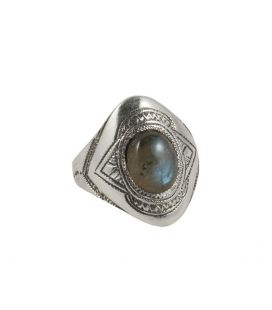 BAGUE TOUAREG RONDE EN ARGENT GRAVE ET LABRADORITE, COLLECTION AFRIQUE, POUR FEMME