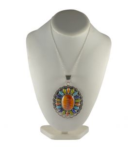 Liquid Silver necklace. Zuni multicolored square pendant, for women and girls.