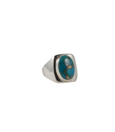 BAGUE EN ARGENT ET TURQUOISE "BLUE COPPER" RECTANGLE, COLLECTION INDE, POUR HOMME ET FEMME 