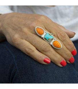 Longue bague Banditas, création originale, 2 Spiney Oyster et Turquoise USA sur Argent 925, pour femme 