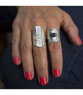 African Engraved Ring, forged Silver and Onyx, for women