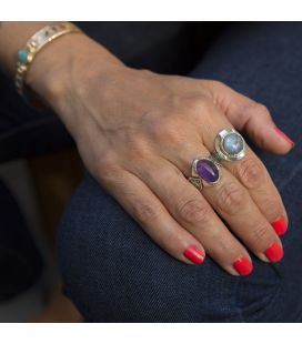 BAGUE TOUAREG RONDE EN ARGENT GRAVE ET LABRADORITE, COLLECTION AFRIQUE, POUR FEMME