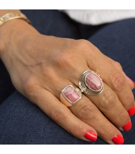 Indian Ring, beautiful rectangular Rhodocrosite on embroidered Silver, for woman