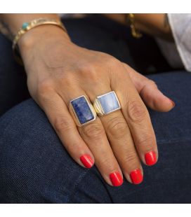 CHEVALIÈRE EN ARGENT ET AGATE "BLUE LACE" CARRÉE, COLLECTION INDE, POUR FEMME ET HOMME 