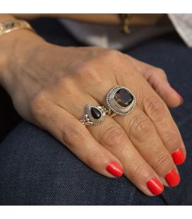 BAGUE EN ARGENT BRODÉ ET QUARTZ FUMÉ CARRÉ, COLLECTION INDE, POUR FEMME 