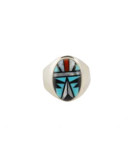 Bague Zuni ovale, Argent, Turquoise, Onyx, Nacre, pour homme ou femme