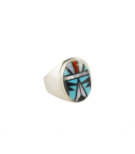 Bague Zuni ovale, Argent et marqueterie de pierres, pour homme ou femme