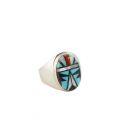 Bague Zuni ovale, Argent et marqueterie de pierres, pour homme ou femme