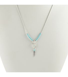 "Liquid Silver" necklace. Turquoise heart and feathers, for women and girls.