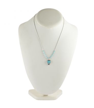 "Liquid Silver" necklace. Turquoise heart and feathers, for women and girls.