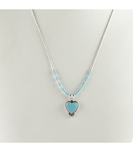 "Liquid Silver" necklace. Turquoise heart and feathers, for women and girls.