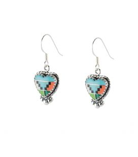 Boucles d' oreilles Zunis "coeur", Argent et multi pierres, pour femme et enfant