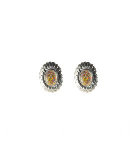 LARG NATIVE AMERICAN NAVAJO CONCHOS EARRINGS, SILVER AND MULTICOLORED STONES