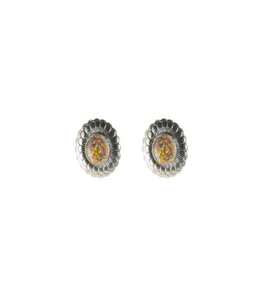 LARG NATIVE AMERICAN NAVAJO CONCHOS EARRINGS, SILVER AND MULTICOLORED STONES