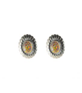 LARG NATIVE AMERICAN NAVAJO CONCHOS EARRINGS, SILVER AND MULTICOLORED STONES