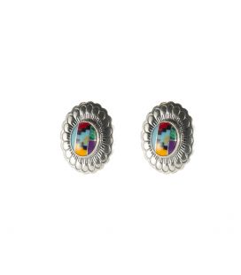 LARG NATIVE AMERICAN NAVAJO CONCHOS EARRINGS, SILVER AND MULTICOLORED STONES