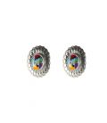 LARG NATIVE AMERICAN NAVAJO CONCHOS EARRINGS, SILVER AND MULTICOLORED STONES